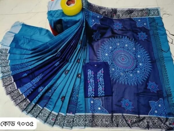ধুপিয়ান সিল্ক শাড়ীতে ব্লক প্রিন্ট কাজ করা ও ধুপিয়ান সিল্ক পানজাবি তে ব্লক প্রিন্ট কাজ